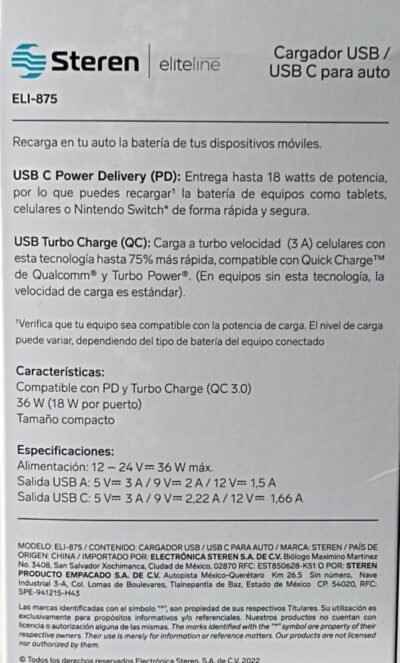 CARGADOR AUTOMOTRIZ USB/USB C STEREN 18W - Image 5