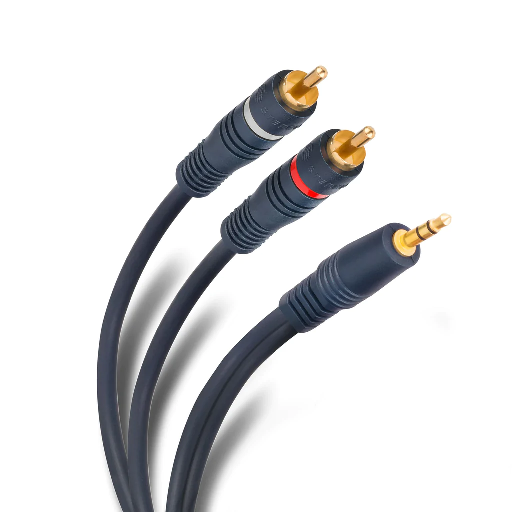 CABLE PARA AUDIO DE USO RUDO CON 2 PLUGS RCA A 1 PLUG 3.5MM DE 1.8M